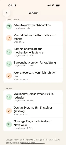 Verlauf, automatische Freigabe.