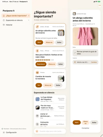 El detalle del enlace: Abrir · Posponer · Soltar.