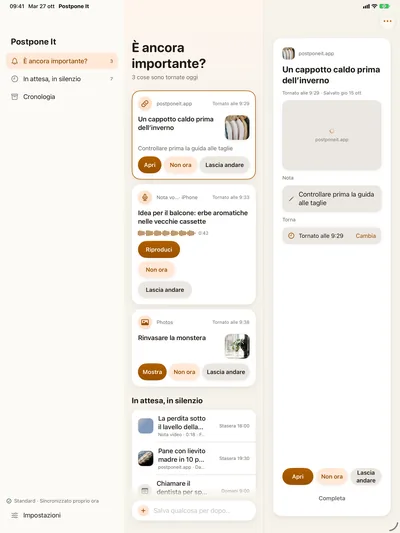 Il dettaglio del link: Apri · Rimanda · Lascia andare.