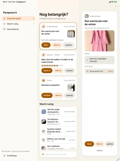 De linkdetails: Open · Stel uit · Laat los.