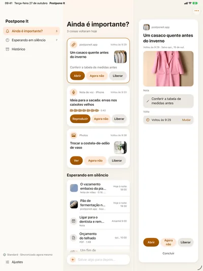 O detalhe do link: Abrir · Adiar · Soltar.
