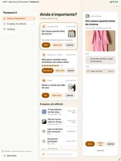 O detalhe da ligação: Abrir · Adiar · Largar.